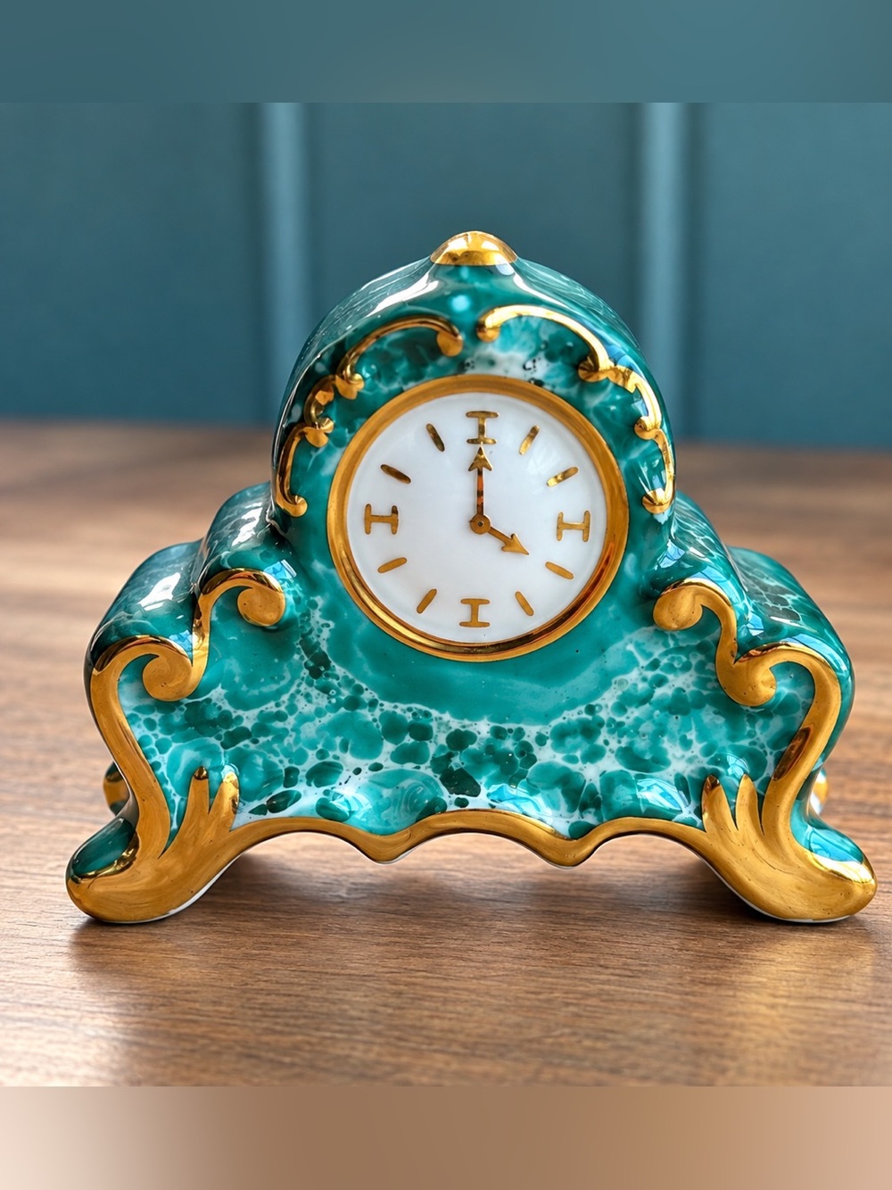 Vintage Limoges France Porcelain Miniature Mantel Clock Figurine Turquoise Gold